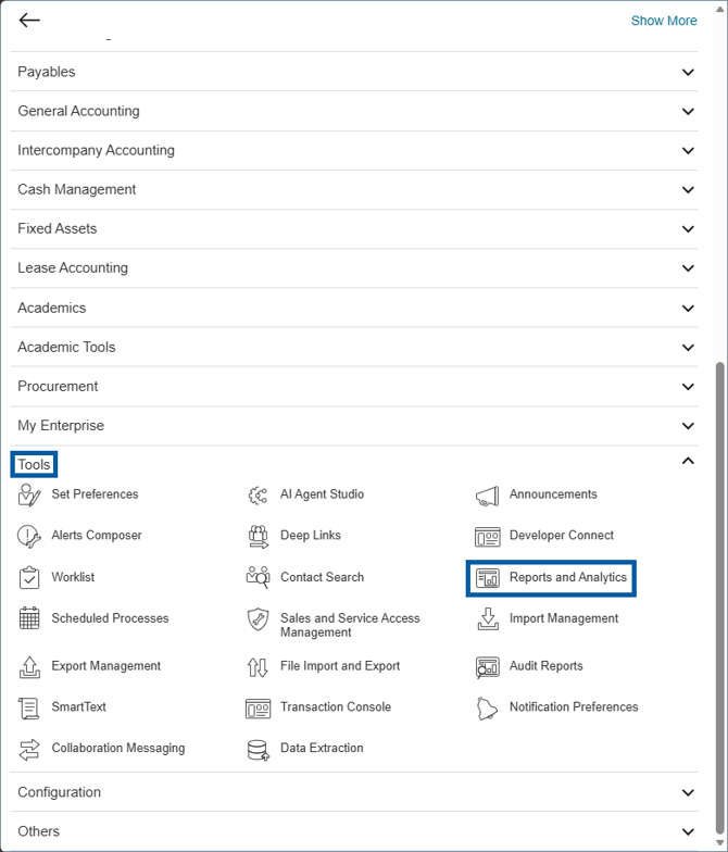 Oracle Fusion Navigation Menu